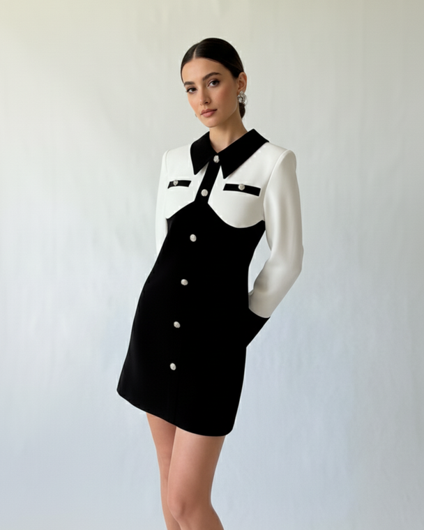 Close-up of Hüna Rosa Dress — handmade button detailing on premium black and white crepe fabric, limited edition piece