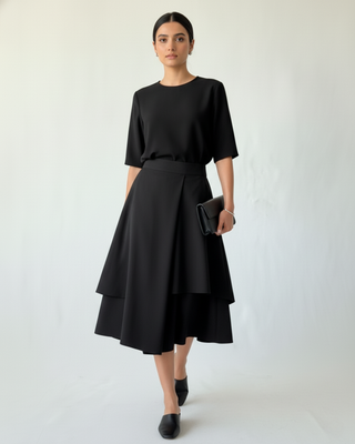Model wearing Hüna Taffeta Skort – black skirt-pants hybrid with layered volume and structured taffeta texture 