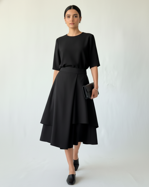 Model wearing Hüna Taffeta Skort – black skirt-pants hybrid with layered volume and structured taffeta texture 