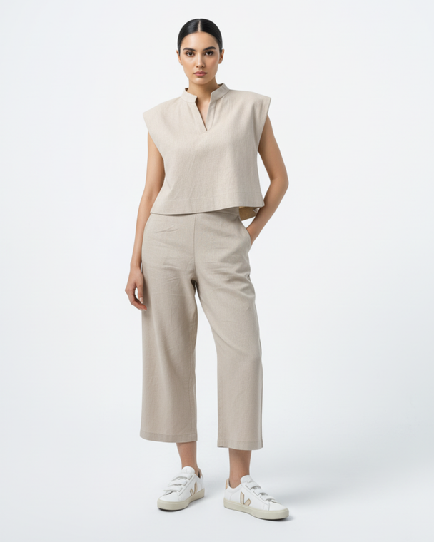 beige linen blend suit