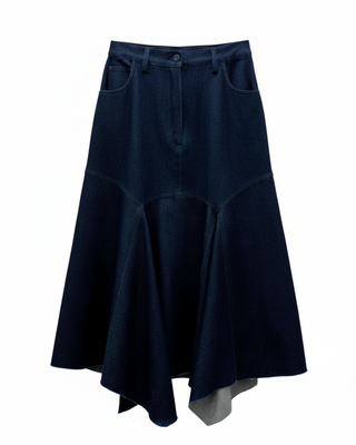 structured denim skirt with asymmetric hemline, limited edition fashion piece