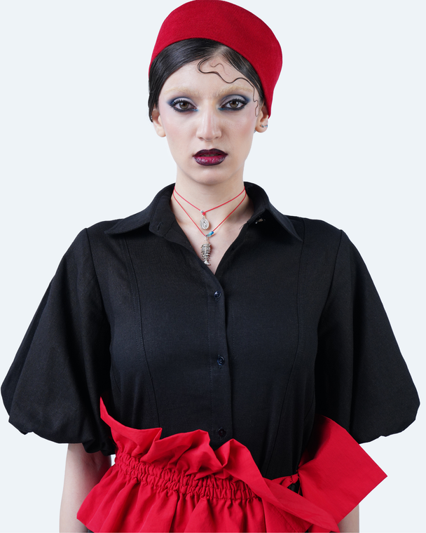 black blouse with puff sleeves
