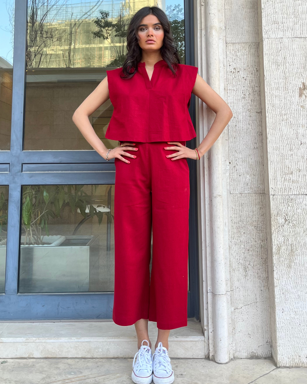 red matching top and pants