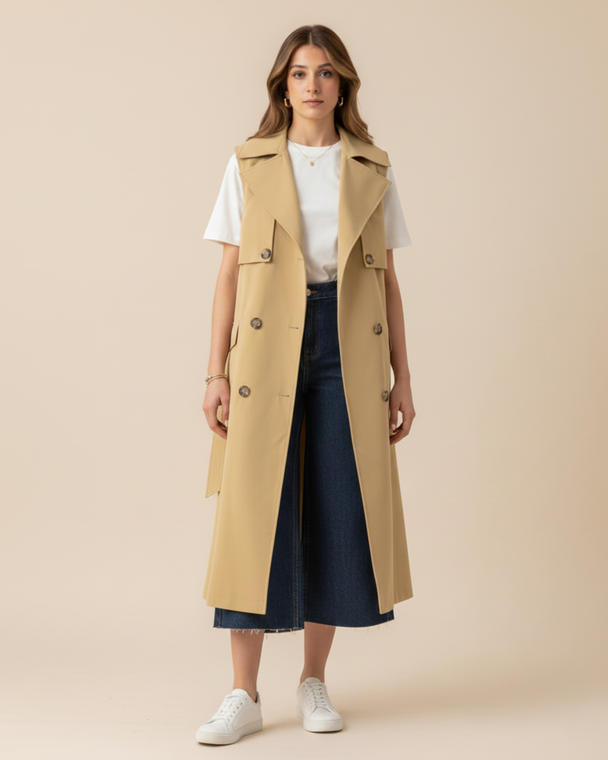 Model wearing Hüna Sleeveless Trench Coat — long waterproof trench with acetate lining, sleeveless modern design