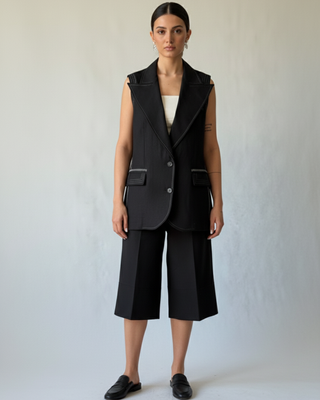 Model wearing Hüna Andia Waistcoat — sleeveless linen blazer with decorative contrast stitching, limited edition design