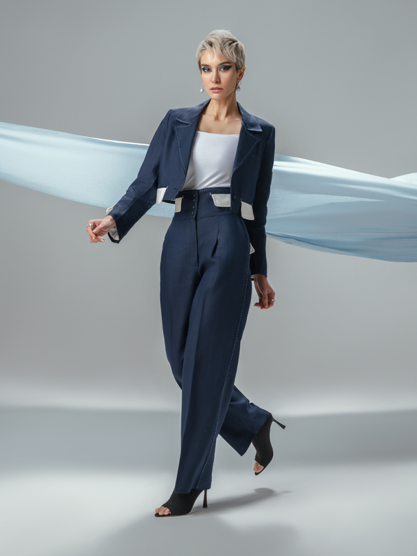 premium linen blazer with decorative stitches