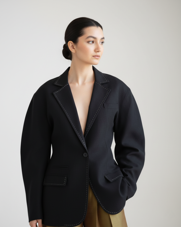 Model wearing Hüna Arina Blazer — black structured linen blazer with decorative stitches, limited edition design
