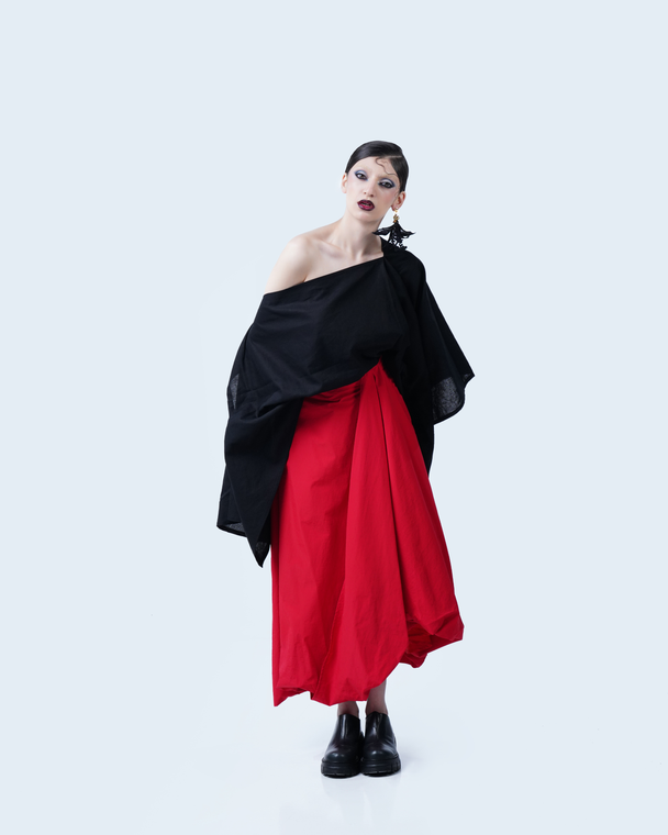 statement red mid-length skirt