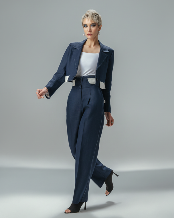 Model wearing Hüna Pamchal High-Waist Pants — navy high-waisted premium linen trousers with acetate lining